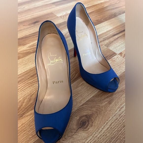 Christian Louboutin Blue Satin Peep Toe Pumps - Picture 1 of 7